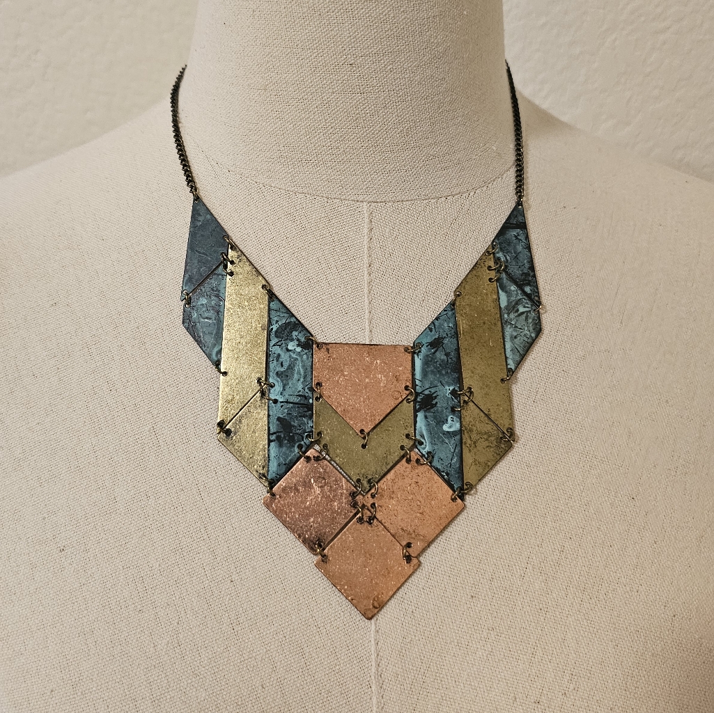 Icing Copper Brass Patina Metal Statement Necklace Puzzle Pieces Art To Wear 40$